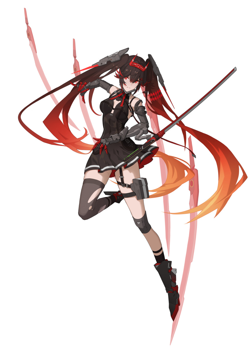 1girl absurdres argyle bare_shoulders black_dress black_hair chin_guard cyborg double-parted_bangs dress fake_horns floating floating_hair floating_object floating_sword floating_weapon full_body gradient_hair hair_ornament headgear highres horns joints jumping katana knee_pads long_hair looking_to_the_side lucia:_dawn_(punishing:_gray_raven) lucia_(punishing:_gray_raven) mechanical_arms mechanical_foot mechanical_hands midair multicolored_hair o2_(rin617) oni_horns orange_hair pleated_skirt punishing:_gray_raven red_eyes red_hair robot_joints short_dress shoulder_strap single_knee_pad single_thighhigh skindentation skirt sleeveless sleeveless_dress streaked_hair sword thigh_pouch thigh_strap thighhighs torn_clothes torn_thighhighs very_long_hair weapon white_background x_hair_ornament zettai_ryouiki