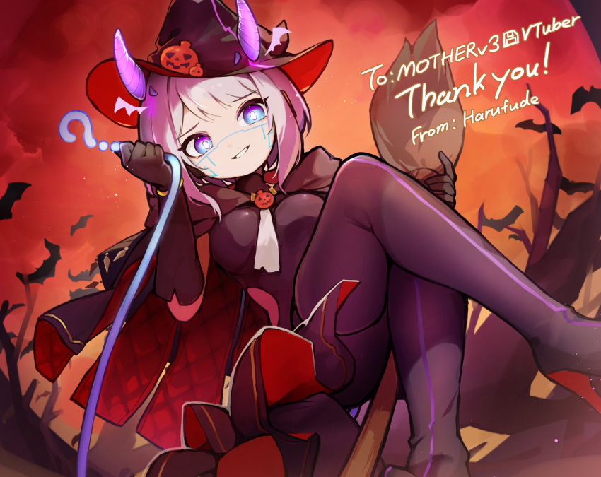 1girl aqua_eyes bat_(animal) bob_cut bodystocking breasts crossed_legs detached_horns gradient_hair gradient_horns grin hair_intakes halloween hat highres holographic_horns horns indie_virtual_youtuber looking_at_viewer medium_hair motherv3 multicolored_eyes multicolored_hair multicolored_horns pantyhose pink_horns purple_eyes purple_headwear purple_horns purple_pantyhose smile solo suginakara_(user_ehfp8355) tail touching_tail two-tone_eyes virtual_youtuber witch_hat