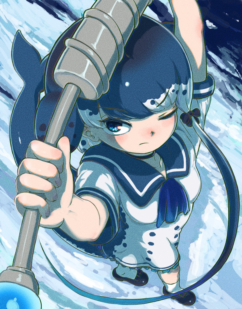 1girl black_hair blue_eyes cetacean_tail choker dolphin_girl dress fins fish_tail grey_hair head_fins highres holding holding_sword holding_weapon kemono_friends long_hair looking_at_viewer multicolored_hair narwhal_(kemono_friends) okyao one_eye_closed ribbon sailor_collar sailor_dress shoes socks solo sword tail two-tone_hair weapon