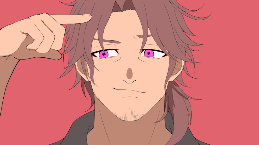 1boy arm_up belmond_banderas black_shirt brown_hair choco_(chocovix112) closed_mouth collared_shirt eyebrows_hidden_by_hair facial_hair heart heart-shaped_pupils highres looking_away looking_to_the_side male_focus nijisanji parted_bangs portrait purple_eyes red_background shirt simple_background smirk solo stubble symbol-shaped_pupils thick_eyebrows virtual_youtuber