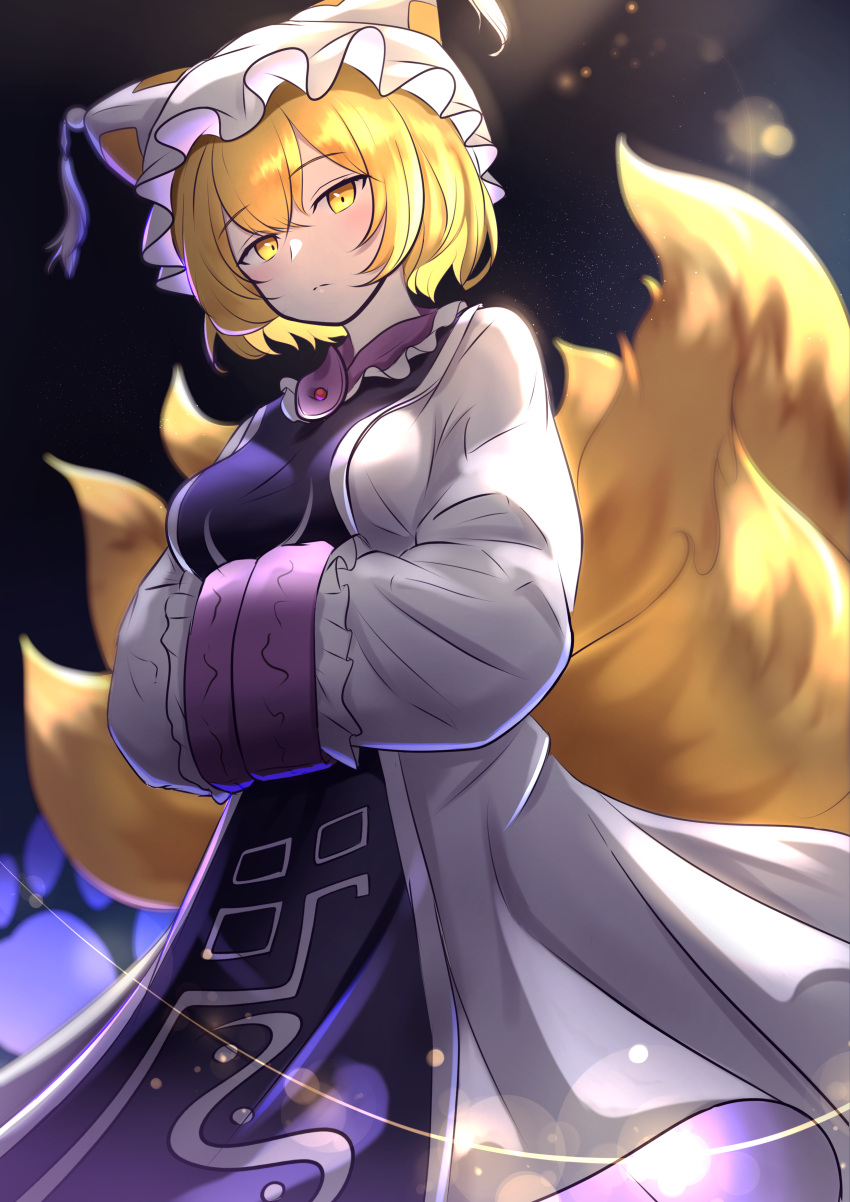 1girl absurdres animal_ears blonde_hair breasts dark_background dress fox_ears fox_girl fox_tail frilled_dress frills hands_in_opposite_sleeves hat highres long_sleeves looking_at_viewer mob_cap multiple_tails rinkaito1231 solo standing tabard tail touhou white_dress wide_sleeves yakumo_ran yellow_eyes