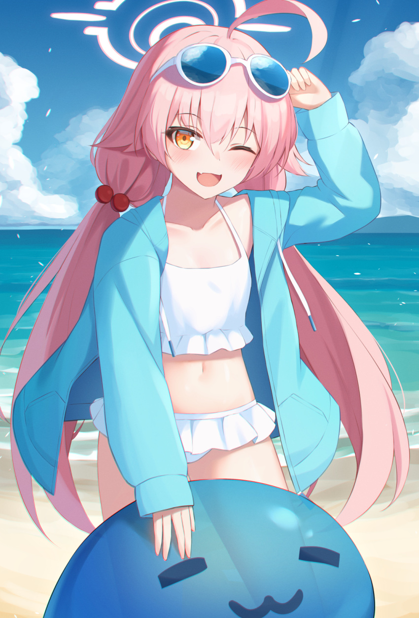 1girl ahoge arm_up beach bikini blue-tinted_eyewear blue_archive blue_jacket blue_sky blush cloud cloudy_sky commentary_request day drawstring eyewear_on_head fang feet_out_of_frame flat_chest fuka_kurotsuji hair_bobbles hair_ornament halo highres hoshino_(blue_archive) hoshino_(swimsuit)_(blue_archive) jacket long_hair long_sleeves looking_at_viewer low_twintails navel ocean official_alternate_costume one_eye_closed open_clothes open_jacket open_mouth outdoors partial_commentary pink_hair pink_halo skin_fang sky smile solo standing swimsuit tinted_eyewear twintails white_bikini yellow_eyes