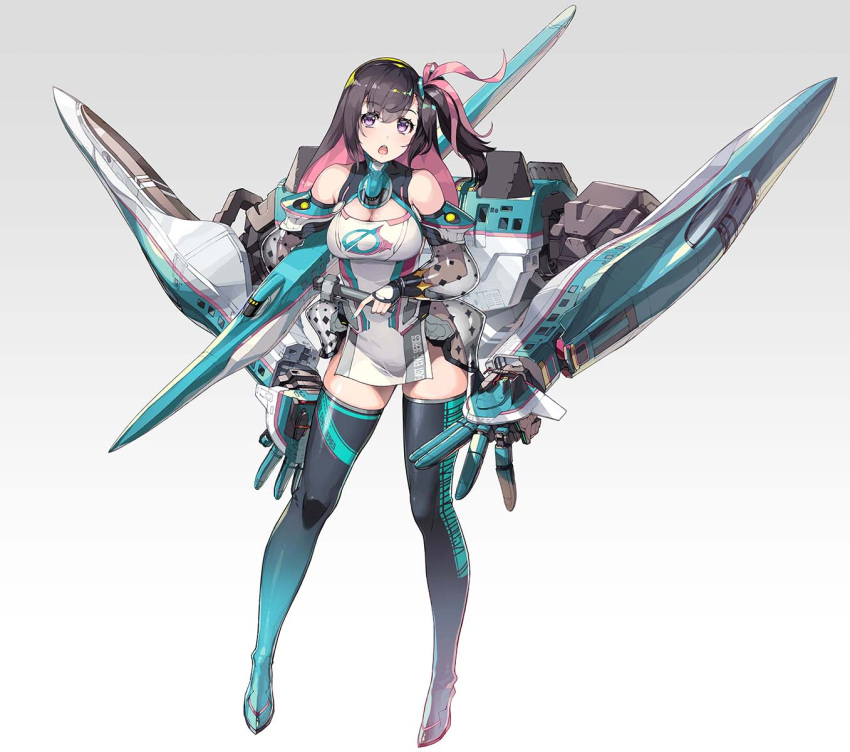 1girl bare_shoulders black_hair blush boots breasts cleavage commentary_request detached_sleeves exoskeleton fingerless_gloves full_body gloves gradient_background highres long_hair mecha_musume medium_breasts multicolored_hair nishii_(damnedrive) open_mouth original pink_hair purple_eyes side_ponytail solo thigh_boots two-tone_hair