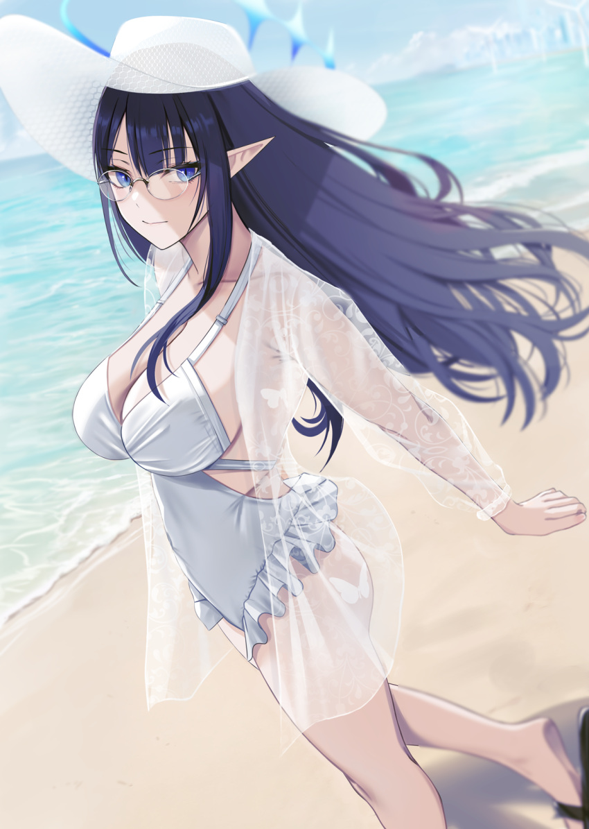 1girl alternate_costume ass beach black_hair blue_archive blue_eyes breasts cleavage closed_mouth collarbone day frilled_one-piece_swimsuit frills glasses halo hat highres large_breasts long_hair looking_at_viewer nicky_w ocean one-piece_swimsuit outdoors pointy_ears rin_(blue_archive) sandals smile solo sun_hat sunlight swimsuit thighs walking white_headwear white_one-piece_swimsuit
