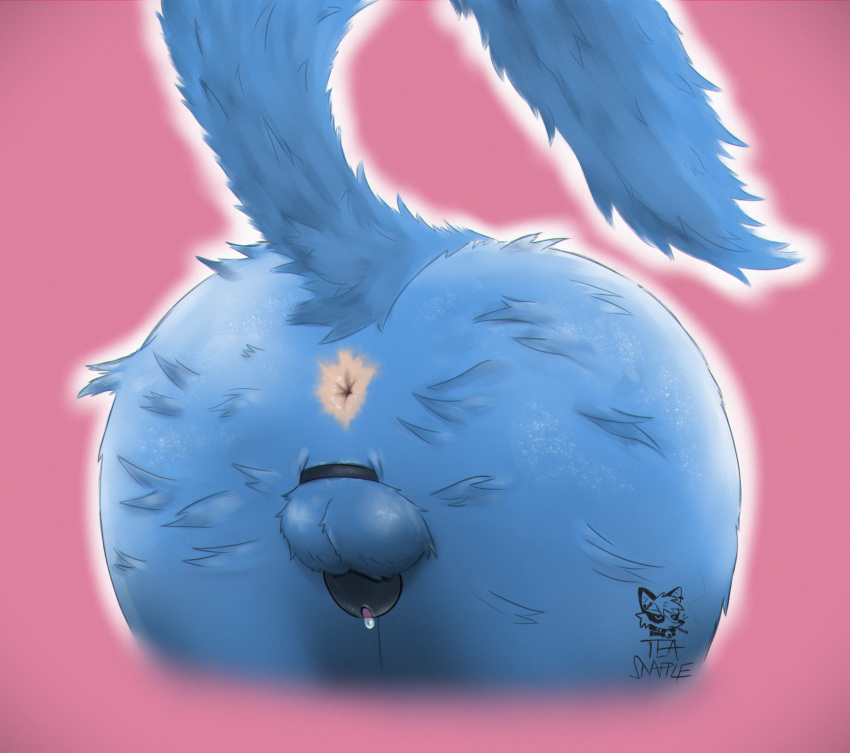 anthro anus ass_up blue_body blue_fur bodily_fluids butt butt_focus butt_tuft chastity_cage chastity_device dripping fluffy fur genital_fluids hi_res male precum precum_drip solo teasnapple tuft