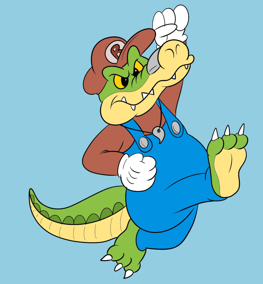2023 3_toes 4_fingers alligator alligatorid anthro biped blue_background brok_(character) brok_the_investigator clothing cosplay crocodilian feet fingers green_body hat headgear headwear hi_res humanoid_hands jolly_the_lizard jollyville mario mario_bros nintendo overalls reptile scalie simple_background slightly_chubby solo toes