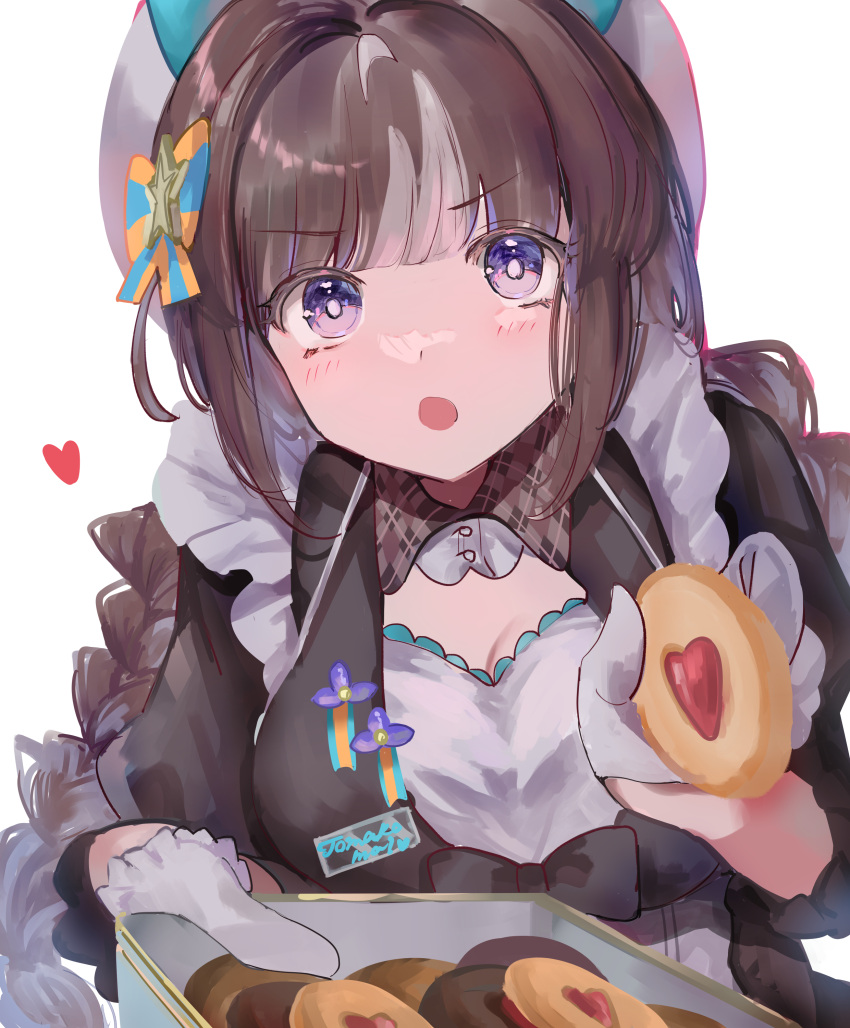 1girl absurdres alternate_universe beret blue_bow blunt_bangs bow bright_pupils brown_hair commentary_request cookie food gloves hair_bow hat hieno_hiro highres hokko_tarumae_(umamusume) holding holding_cookie holding_food light_brown_hair long_hair looking_at_viewer medium_request multicolored_hair name_tag open_mouth orange_bow purple_eyes sidelocks simple_background solo striped striped_bow two-tone_bow two-tone_hair umamusume upper_body valentine white_background white_gloves white_headwear