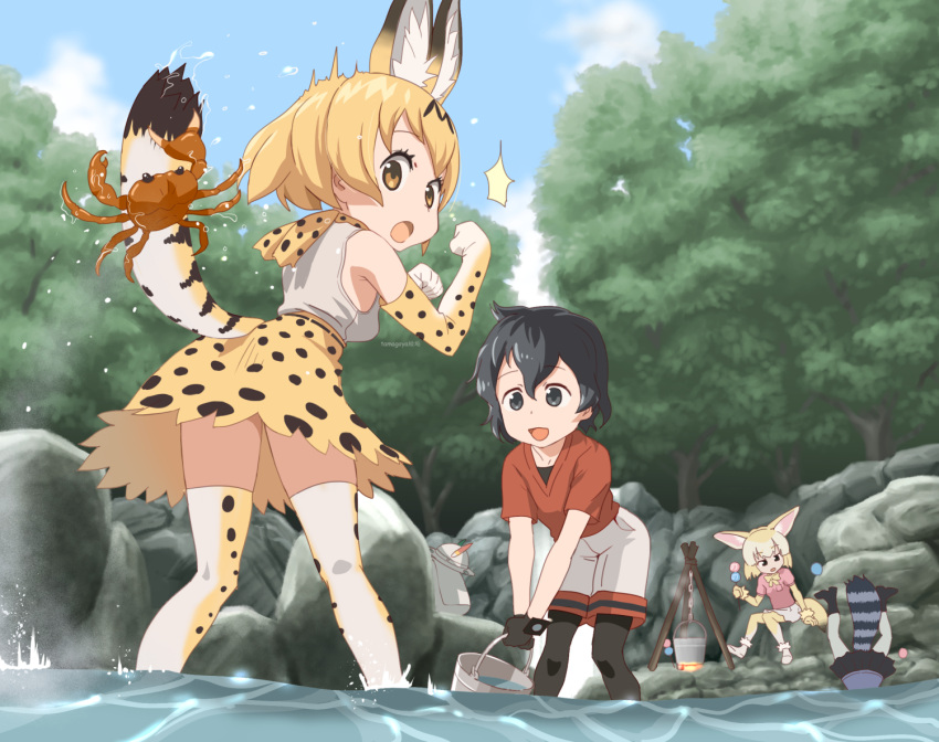 4girls animal animal_ears animal_print bare_shoulders bent_over black_eyes black_hair black_pantyhose blonde_hair blue_sky bucket colored_inner_hair common_raccoon_(kemono_friends) crab day elbow_gloves extra_ears fennec_(kemono_friends) food fox_ears fox_girl fox_tail gloves hair_between_eyes holding holding_bucket kaban_(kemono_friends) kemono_friends legs_apart looking_at_another looking_back medium_hair miniskirt multicolored_hair multiple_girls no_headwear outdoors pantyhose pantyhose_under_shorts partially_submerged print_gloves print_scarf print_skirt print_thighhighs raccoon_tail red_shirt river scarf serval_(kemono_friends) serval_print shirt short-sleeved_sweater short_sleeves shorts sitting skirt sky sleeveless sleeveless_shirt splashing standing surprised sweater t-shirt tail tamagoya thighhighs upside-down wading water yellow_eyes zettai_ryouiki
