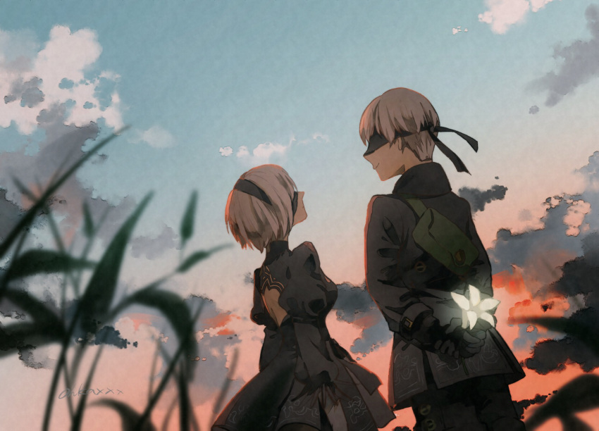 1boy 1girl black_blindfold black_dress blindfold dress flower highres looking_at_another looking_up nier:automata nier_(series) ouka_(stan) short_hair white_flower white_hair yorha_no._2_type_b yorha_no._9_type_s