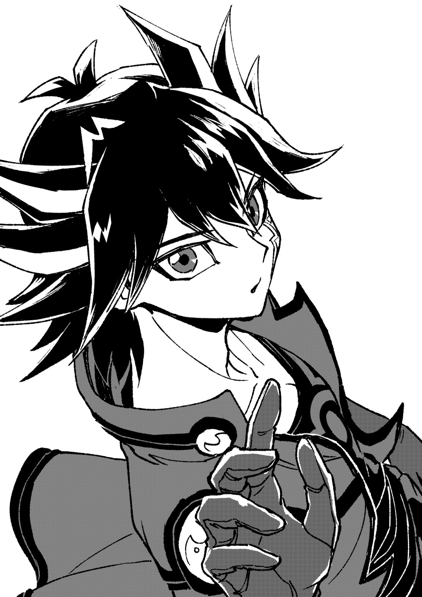 1boy absurdres black_hair facial_mark facial_tattoo fudou_yuusei gloves greyscale high_collar highres jacket looking_at_viewer looking_back male_focus marking_on_cheek monochrome open_clothes open_jacket parted_lips reaching reaching_towards_viewer screentones shirt short_hair shoulder_pads simple_background solo spiked_hair tattoo upper_body youko-shima yu-gi-oh! yu-gi-oh!_5d's