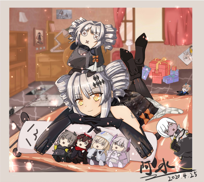 1girl a_shui bedroom bianca_(punishing:_gray_raven) black_dress character_doll closed_mouth desk dress dress_removed drill_hair gift grey_hair hair_ornament highres karenina:_scire_(punishing:_gray_raven) karenina_(punishing:_gray_raven) liv_(punishing:_gray_raven) lucia:_lotus_(punishing:_gray_raven) lucia_(punishing:_gray_raven) lying mechanical_arms mechanical_legs nanami:_storm_(punishing:_gray_raven) nanami_(punishing:_gray_raven) on_bed punishing:_gray_raven sidelocks solo stuffed_toy twin_drills yellow_eyes