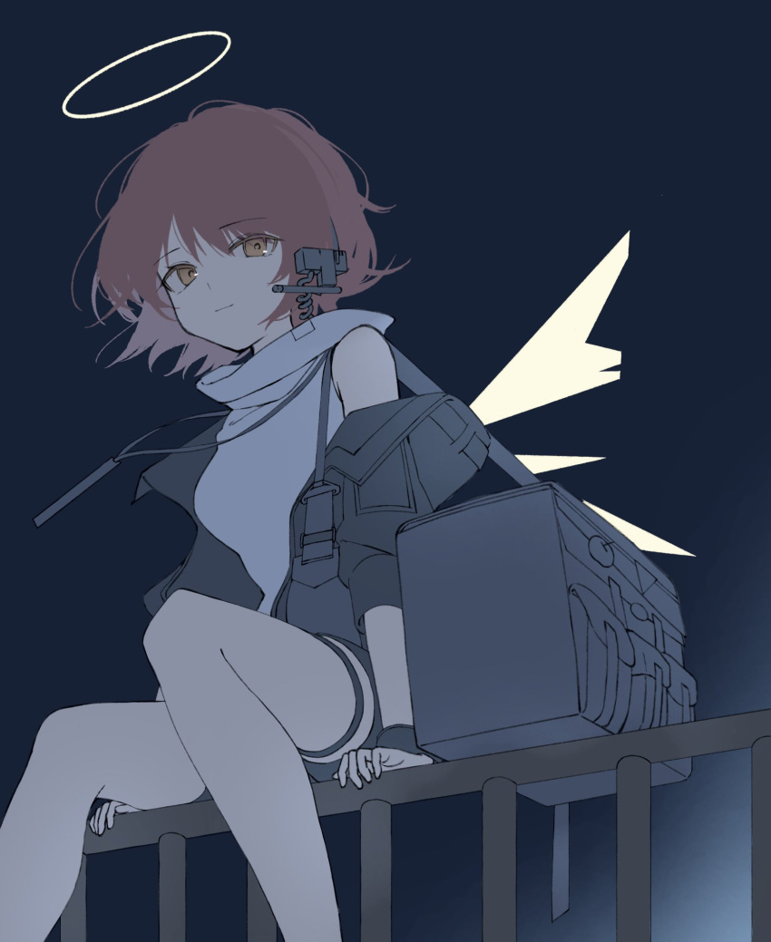 1girl angel arknights bag energy_wings exusiai_(arknights) halo highres looking_at_viewer mgmg_cc211 on_railing railing red_hair short_hair shoulder_bag solo yellow_eyes