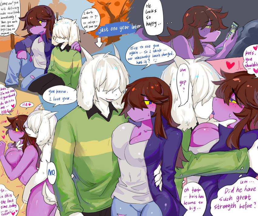 alternate_species anthro anthro_on_anthro anthro_penetrated anthro_penetrating anthro_penetrating_anthro big_breasts bottomwear bovid breast_squish breasts caprine cellphone clothed clothing deltarune dialogue duo female female_penetrated freckles french_kissing from_behind_position fully_clothed furrification goat hair hair_over_eyes hechangjun250 hi_res horn kissing kris_(deltarune) lying male male/female male_penetrating male_penetrating_female mammal on_front pants penetration phone reptile scalie sex shirt smartphone speech_bubble squish susie_(deltarune) sweater topwear undertale_(series) vest white_hair