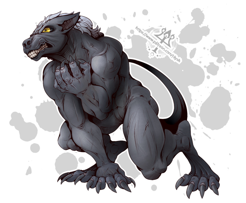 angry angry_expression angry_eyes anthro barefoot canid canine canis claws feet hair hi_res kredri male mammal nude paws simple_background solo tail teeth toe_claws toes wolf