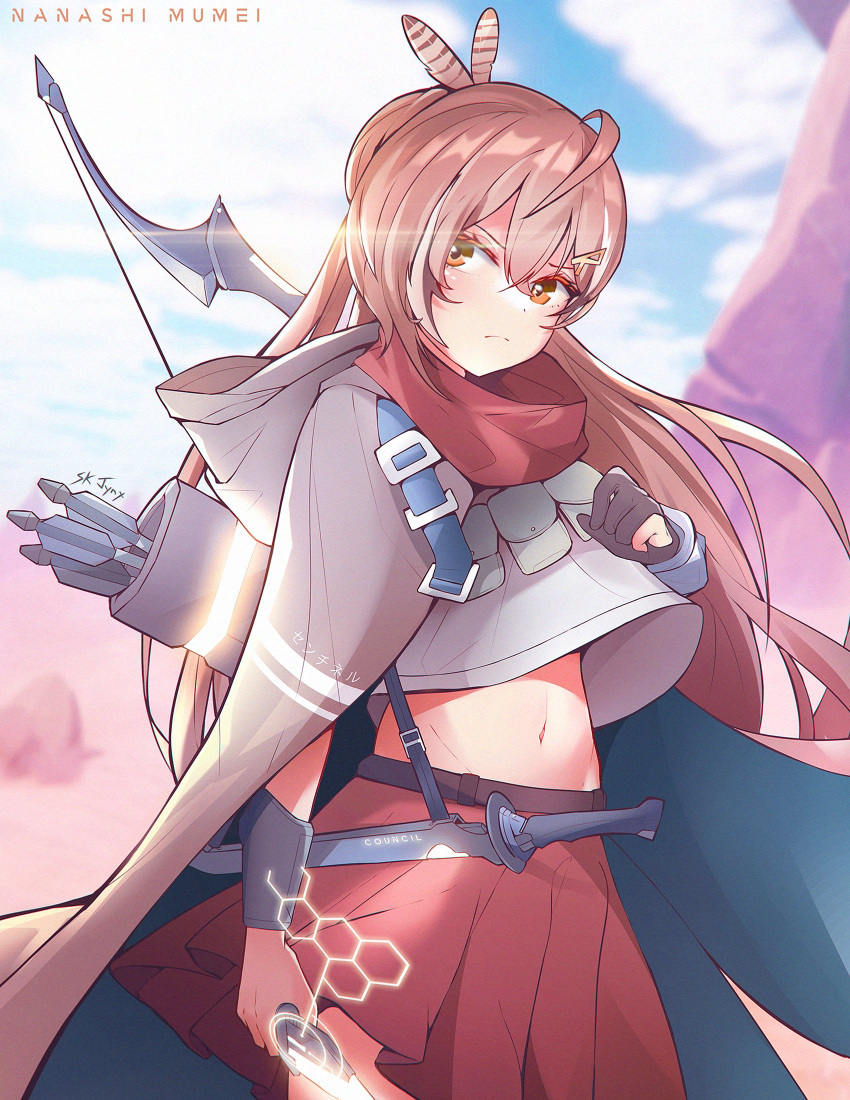 1girl ahoge alternate_costume arrow_(projectile) bangs blurry bow_(weapon) brown_cloak brown_eyes brown_hair canyon character_name cloak cloud cloudy_sky crop_top dagger depth_of_field feather_hair_ornament feathers frown gloves glowing glowing_weapon hair_ornament hairclip highres hololive hololive_english honeycomb_(pattern) knife lens_flare long_hair midriff multicolored_hair nanashi_mumei partially_fingerless_gloves pleated_skirt ponytail pouch quiver red_scarf red_skirt scarf sk_jynx skirt sky streaked_hair very_long_hair virtual_youtuber weapon