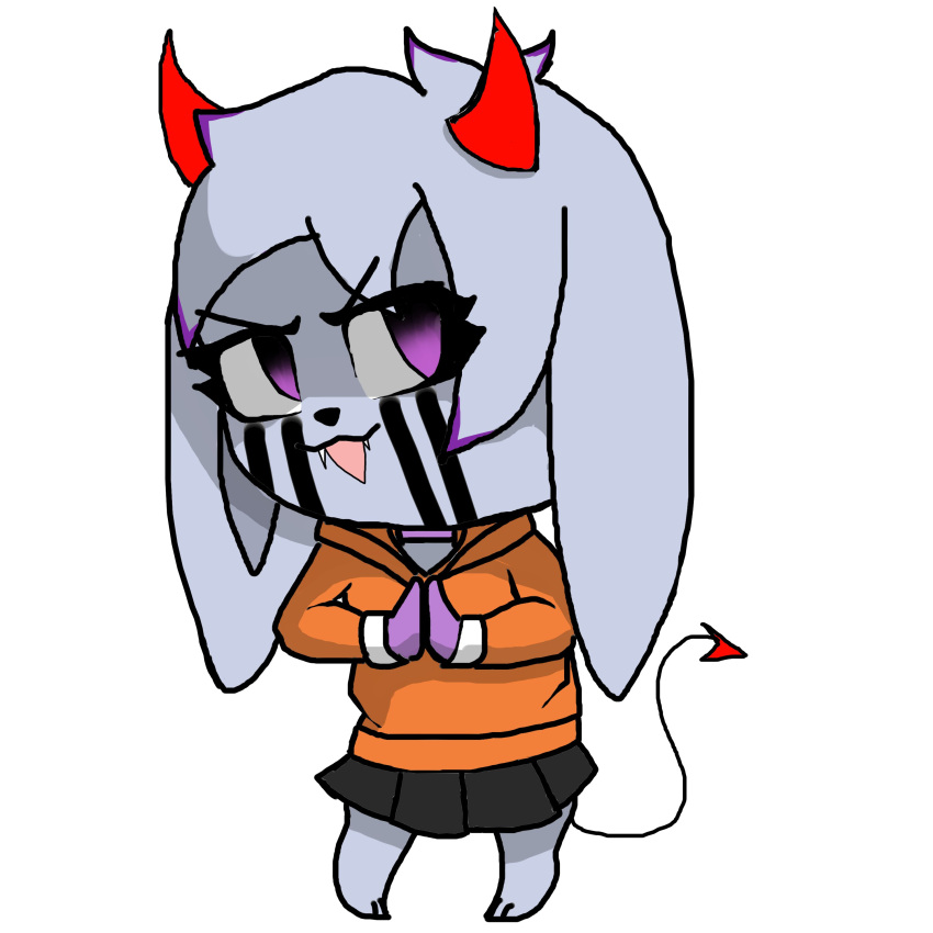 2023 absurd_res ambiguous_gender anthro bottomwear canid canine chibi clasped_hands clothing facial_markings fake_devil_horns fangs fur grey_body grey_fur head_markings hi_res hoodie mammal markings paws purple_eyes renv scheming skirt solo spade_tail tail teeth topwear