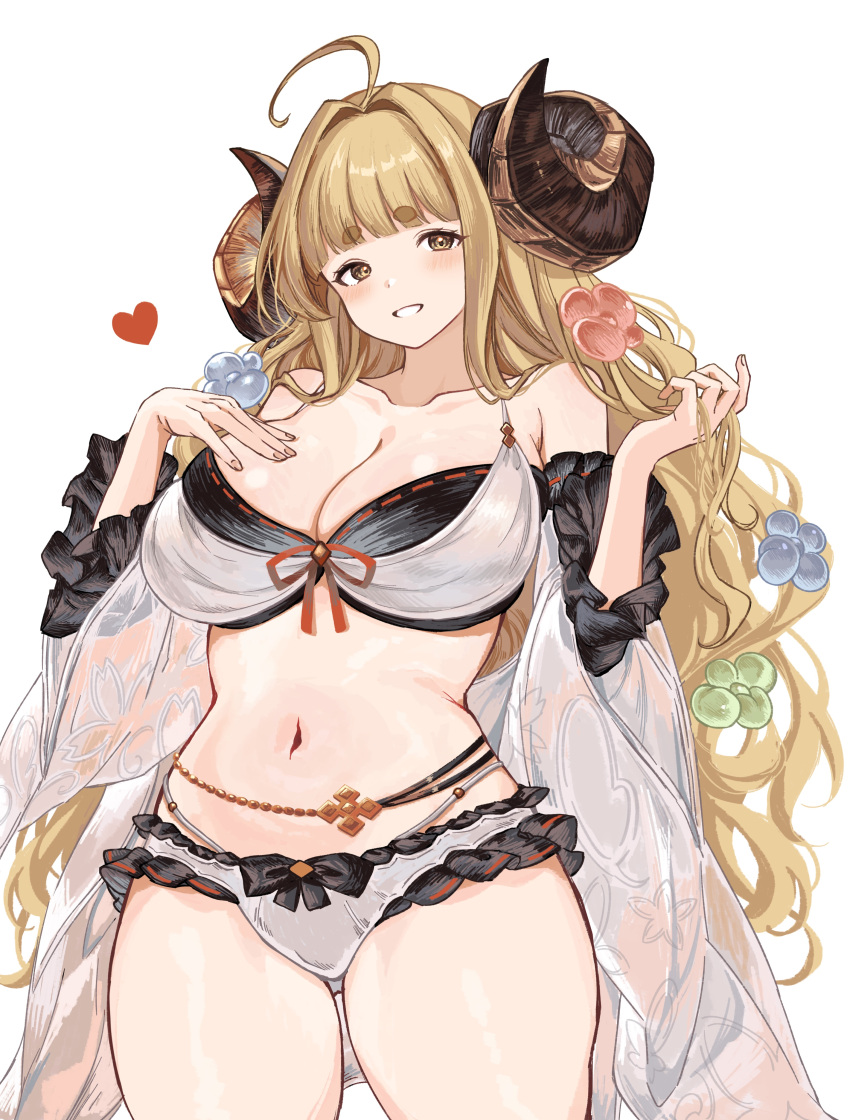 1girl absurdres ahoge anila_(granblue_fantasy) anila_(summer)_(granblue_fantasy) bikini blonde_hair breasts cleavage granblue_fantasy hair_ornament hand_in_own_hair hand_on_own_chest highres horns hoshido1214 large_breasts long_hair sheep_horns solo stomach swimsuit thighs very_long_hair white_background yellow_eyes