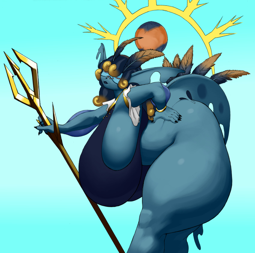 absurd_res anthro bent_over big_breasts biped blindfold breasts butt curvy_figure feathers female fin halo hanging_breasts hi_res huge_breasts huge_thighs hyper hyper_breasts hyper_thighs leaning melee_weapon moon polearm realius solo thick_thighs trident voluptuous weapon