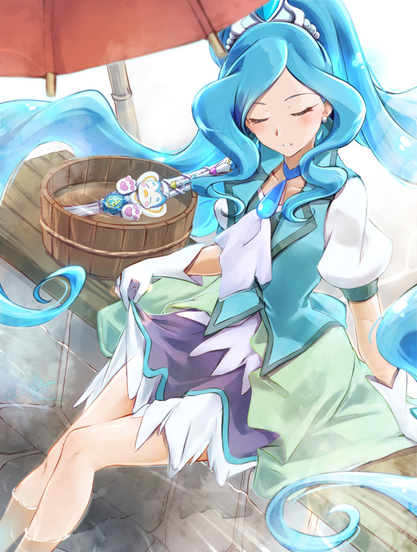 1girl bare_legs blue_choker blue_eyes blue_hair blue_vest choker clear_glass_(mildmild1311) closed_eyes cure_fontaine earrings gloves hair_ornament healin'_good_precure healing_animal healing_wand heart heart_hair_ornament highres jewelry long_hair magical_girl oil-paper_umbrella onsen outdoors partially_submerged pegitan_(precure) pom_pom_(clothes) pom_pom_earrings ponytail precure puffy_sleeves rock sawaizumi_chiyu short_sleeves sitting smile soaking_feet split_ponytail umbrella very_long_hair vest water white_gloves wide_ponytail