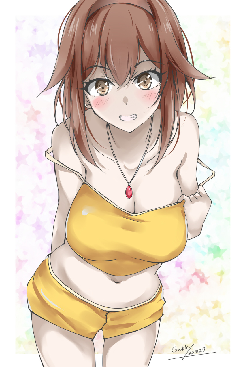 1girl alternate_costume breasts brown_eyes brown_hair camisole cleavage gakky grin hair_flaps hairband highres jewelry kantai_collection large_breasts long_hair midriff necklace one-hour_drawing_challenge shiratsuyu_(kancolle) shiratsuyu_kai_ni_(kancolle) shorts smile solo strap_slip yellow_camisole yellow_shorts