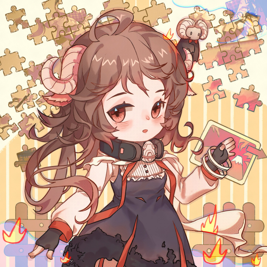 1girl absurdres ahoge animal_ears arknights black_dress black_gloves brown_eyes brown_hair chibi dizhu dress eyjafjalla_(arknights) fingerless_gloves fire gloves goat_ears goat_horns highres horns long_hair looking_at_viewer puzzle_piece respirator shirt very_long_hair white_shirt