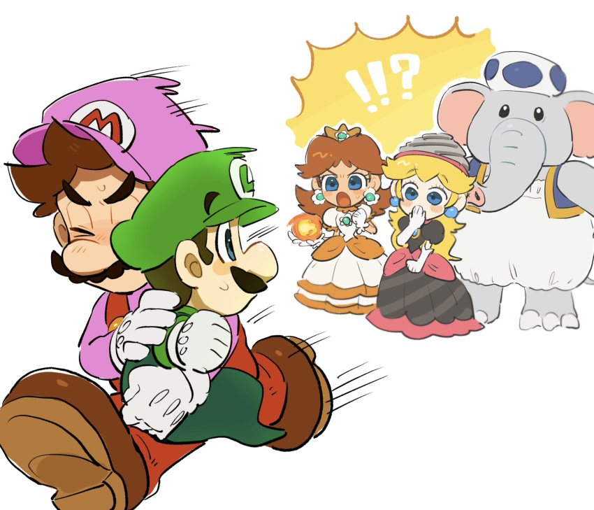 &gt;_&lt; 2girls 3boys ^^^ barefoot black_dress blonde_hair blue_eyes blue_toad_(mario) blue_vest blush blush_stickers brown_footwear brown_hair bubble_mario closed_eyes crown dress earrings elephant_blue_toad_(mario) facial_hair fire_daisy flower_earrings frilled_dress frills gloves green_eyes green_headwear hat highres jewelry long_hair long_sleeves looking_at_another luigi mario mario_(series) mimimi_(mimimim9999) multiple_boys multiple_girls mustache new_super_mario_bros._u_deluxe open_mouth overalls parted_bangs pink_headwear princess_daisy princess_peach puffy_short_sleeves puffy_sleeves red_overalls shirt shoes short_hair short_sleeves simple_background smile standing super_mario_bros._wonder sweatdrop tongue vest white_background white_dress white_gloves