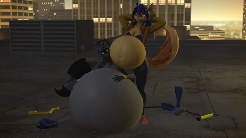 16:9 3d_(artwork) anthro belly belly_expansion belly_inflation canid canine carmelita_fox digital_media_(artwork) duo expansion female fernkarrythewolf fox hi_res inflation male mammal navel procyonid raccoon sly_cooper sly_cooper_(series) sony_corporation sony_interactive_entertainment source_filmmaker sucker_punch_productions widescreen