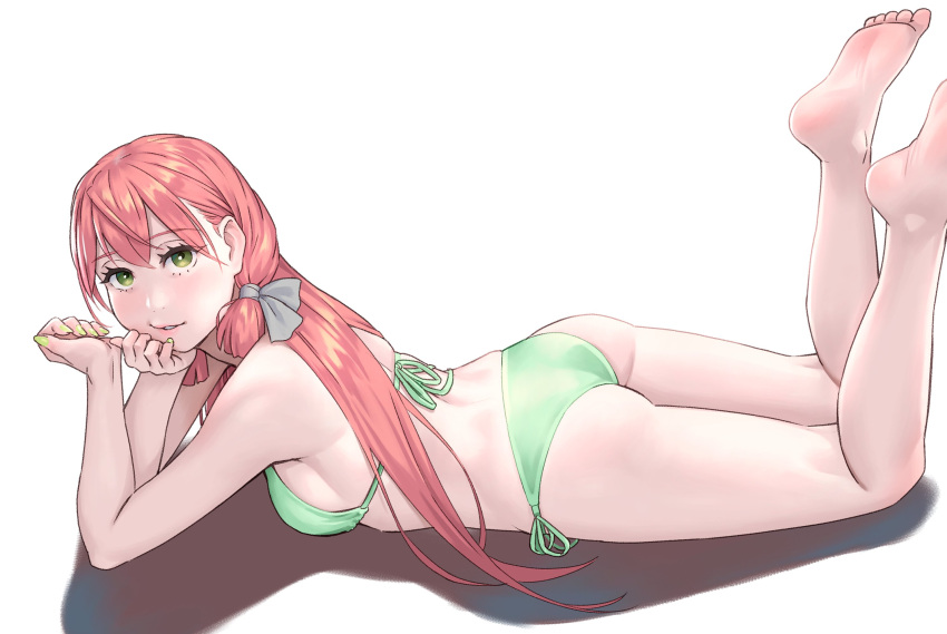 1girl akashi_(kancolle) alternate_costume ass bare_legs bare_shoulders barefoot bikini blush breasts feet full_body green_bikini green_eyes green_nails hair_between_eyes hair_ornament hair_ribbon halterneck highres kantai_collection long_hair looking_at_viewer lying medium_breasts navel on_stomach open_mouth pink_hair ribbon sidelocks simple_background smile soles solo string_bikini swimsuit the_pose toes tress_ribbon twintails white_background yuuji_(and)