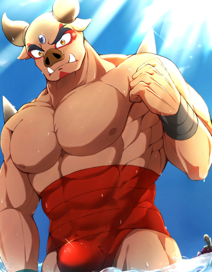 abs bulge clothed clothing fur hi_res horn low-angle_view male mammal minoton_(pretty_cure) muscular muscular_male nipples obliques partially_clothed pecs pretty_cure sea soaring_sky!_pretty_cure solo sun tan_body tan_fur tusks water