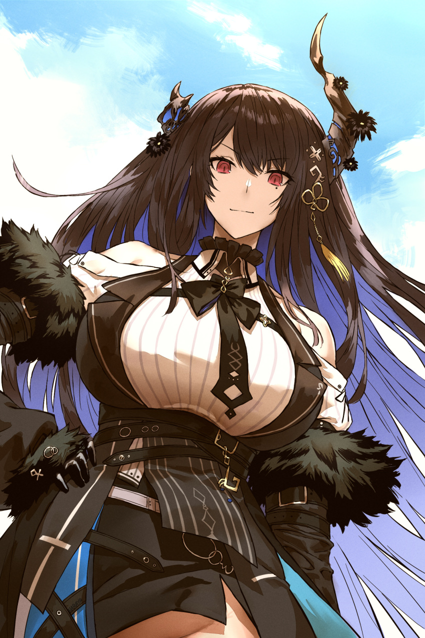1girl asymmetrical_horns bare_shoulders black_hair blue_brooch blue_hair breasts clothes_lift clothing_cutout colored_inner_hair crystal_horn demon_horns dress fur_trim hair_ornament haraya_manawari highres hololive hololive_english horns large_breasts long_hair looking_at_viewer metal_wings mole mole_under_eye multicolored_hair necklace_between_breasts nerissa_ravencroft no_panties red_eyes shoulder_cutout single_arm_guard smile solo two-tone_hair uneven_horns virtual_youtuber