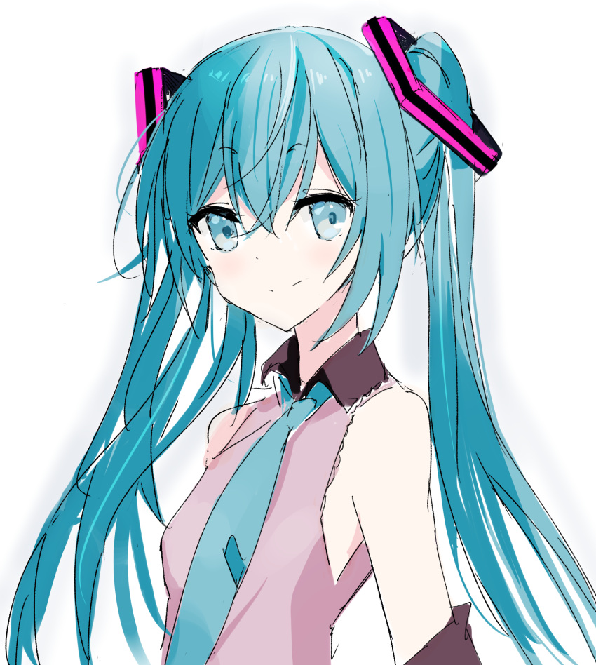 1girl bare_shoulders black_sleeves blue_eyes blue_hair blue_necktie blush closed_mouth collared_shirt commentary core_(mayomayo) crossed_bangs detached_sleeves dot_nose grey_shirt hair_between_eyes hair_ornament hatsune_miku highres long_hair looking_at_viewer necktie raised_eyebrows shirt sidelocks simple_background sketch sleeveless sleeveless_shirt smile solo twintails upper_body vocaloid white_background wing_collar