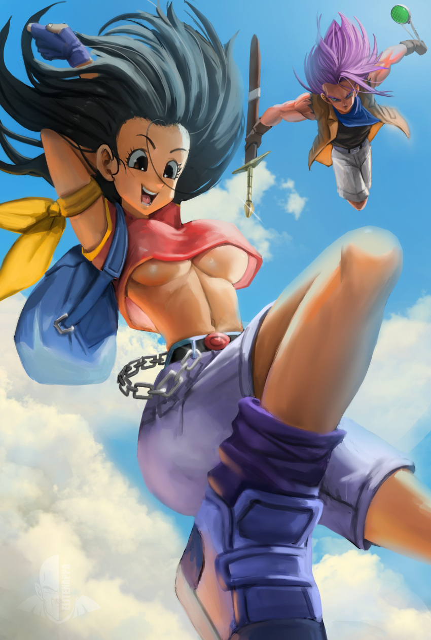 :d absurdres aged_up armlet backpack bag black_eyes black_hair black_shirt blue_gloves blue_sky boots breasts brown_gloves chain cloud cropped_shirt dragon_ball dragon_ball_gt dragon_radar elite_nappa fing flying gloves highres holding holding_sword holding_weapon jacket large_breasts long_hair navel no_bra open_mouth pan_(dragon_ball) red_shirt sheath sheathed shirt shorts sky sleevleess smile socks sword trunks_(dragon_ball) underboob weapon white_shorts