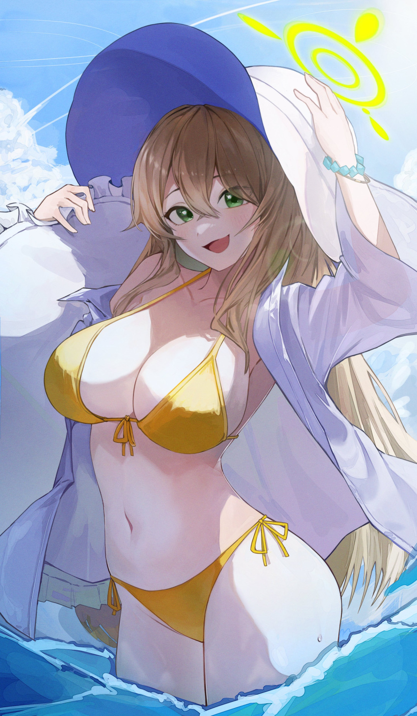 1girl absurdres arm_up bikini blue_archive blue_sky bracelet breasts cleavage cloud commentary crossed_bangs day front-tie_bikini_top front-tie_top green_eyes green_halo hair_between_eyes halo hat highres innertube jacket jewelry large_breasts light_blush light_brown_hair long_hair long_sleeves looking_at_viewer navel nonomi_(blue_archive) nonomi_(swimsuit)_(blue_archive) official_alternate_costume open_clothes open_jacket open_mouth outdoors partially_submerged side-tie_bikini_bottom sky smile solo stomach su901 sun_hat swept_bangs swimsuit very_long_hair water white_headwear white_jacket wide_sleeves yellow_bikini