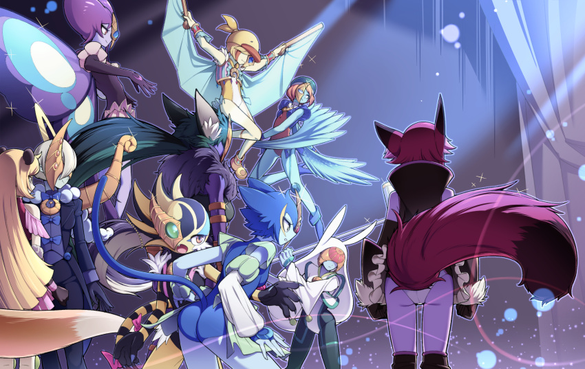 6+girls animal_ears animal_hands animal_hat animal_hood ass blazer blonde_hair blue_hair blue_skin bow breasts brown_eyes butterfly_wings cat_ears cat_tail colored_skin covered_eyes detached_sleeves duel_monster feathered_wings flying fox_ears fox_tail fur-trimmed_gloves fur_trim gloves green_skin half_mask hat highres hood jacket leotard long_hair long_sleeves lunalight_black_sheep lunalight_blue_cat lunalight_crimson_fox lunalight_emerald_bird lunalight_kaleido_chick lunalight_purple_butterfly lunalight_tiger lunalight_white_rabbit lunalight_wolf lunalight_yellow_marten mask monster_girl multiple_girls naruyan_mk-ii one_eye_covered open_mouth purple_hair purple_skin shirt_bow short_hair short_sleeves tail weasel_ears weasel_tail wide_sleeves winged_arms wings yu-gi-oh!