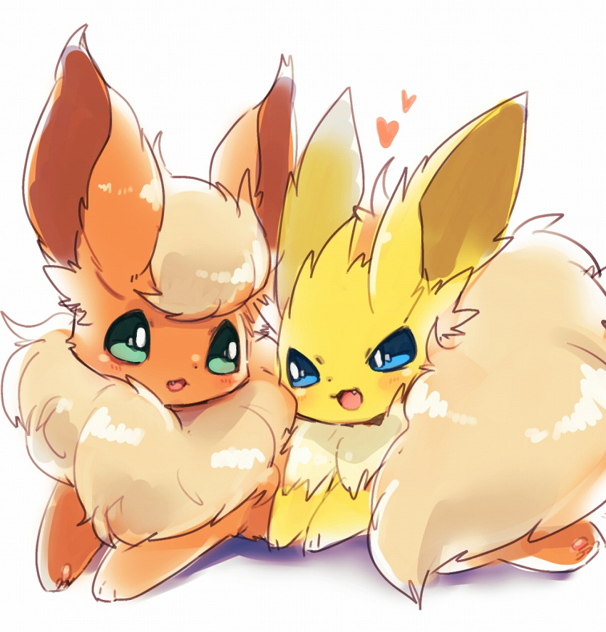 &lt;3 2017 ambiguous_gender big_ears big_tail blue_eyes blush brown_inner_ear canid colored cute_fangs digital_media_(artwork) duo eeveelution eye_contact feral flareon fluffy fluffy_tail full-length_portrait fur generation_1_pokemon glistening glistening_body glistening_fur glistening_tail green_eyes head_tuft hi_res jolteon kemono long_ears looking_at_another lying mammal monotone_ears monotone_tail multicolored_body multicolored_fur neck_tuft nintendo no_sclera on_front on_top open_mouth orange_body orange_ears orange_fur pink_tongue pokemon pokemon_(species) portrait pupils quadruped shaded side_view simple_background suppainu tail tan_body tan_fur tan_tail tongue tuft two_tone_body two_tone_fur white_background white_pupils yellow_body yellow_ears yellow_fur yellow_inner_ear