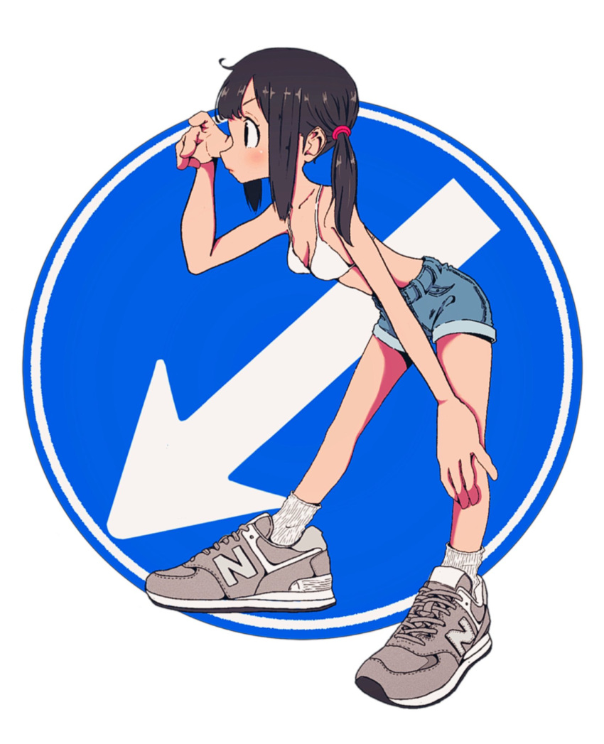 1girl black_eyes blue_background blue_shorts bra breasts denim denim_shorts full_body grey_footwear hand_on_own_knee hand_up highres leaning_forward low_twintails medium_hair nao97122 new_balance original profile road_sign shoes short_shorts shorts sidelocks sign small_breasts sneakers socks solo standing twintails underwear white_bra white_socks