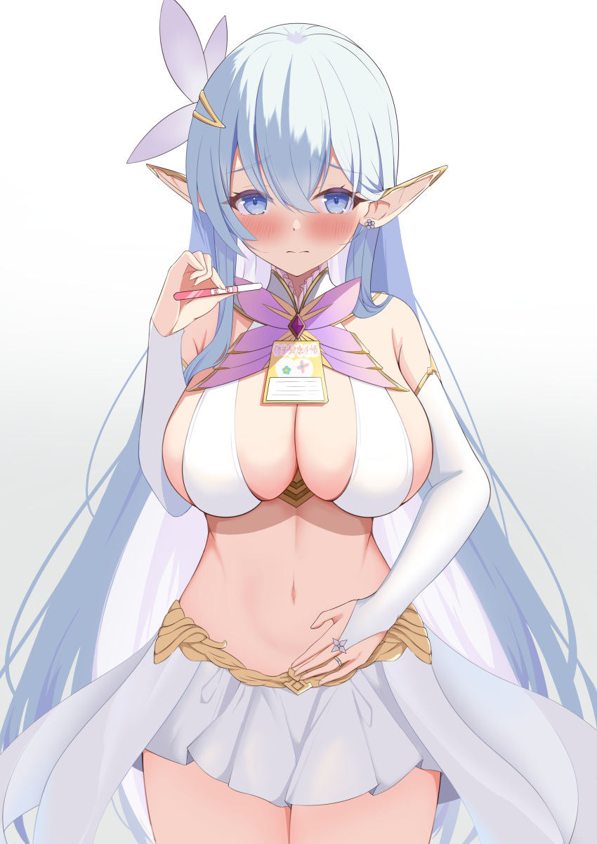 1girl absurdres albion_(azur_lane) azur_lane bare_hips blush breasts cleavage highres implied_pregnancy jewelry large_breasts looking_at_viewer pointy_ears pregnancy_test revealing_clothes ring solo wedding_ring yumemin_(yumemi5140)
