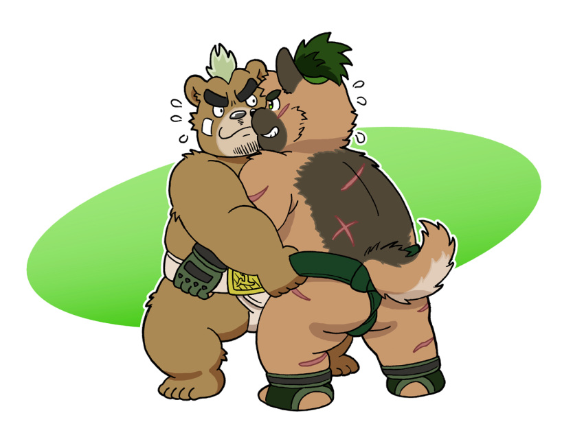 anthro ashigara asian_clothing bear brown_body brown_fur butt canid canine canis chibi clothing domestic_dog duo east_asian_clothing eyebrows flappy fur gloves handwear japanese_clothing lifewonders male mammal mawashi scar sumo sumo_wrestling thick_eyebrows tokyo_afterschool_summoners topknot yasuyori