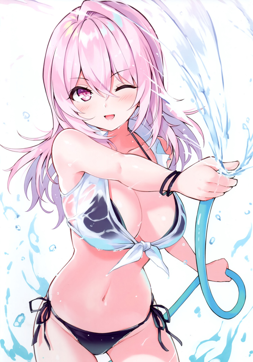 1girl absurdres bikini blush bracelet breasts cleavage cu-no highres hisen_kaede holding holding_hose hose jewelry large_breasts long_hair looking_at_viewer navel one_eye_closed open_mouth original pink_hair purple_eyes scan see-through side-tie_bikini_bottom simple_background smile solo stomach swimsuit water water_drop wet wet_clothes white_background yayoi_sakura