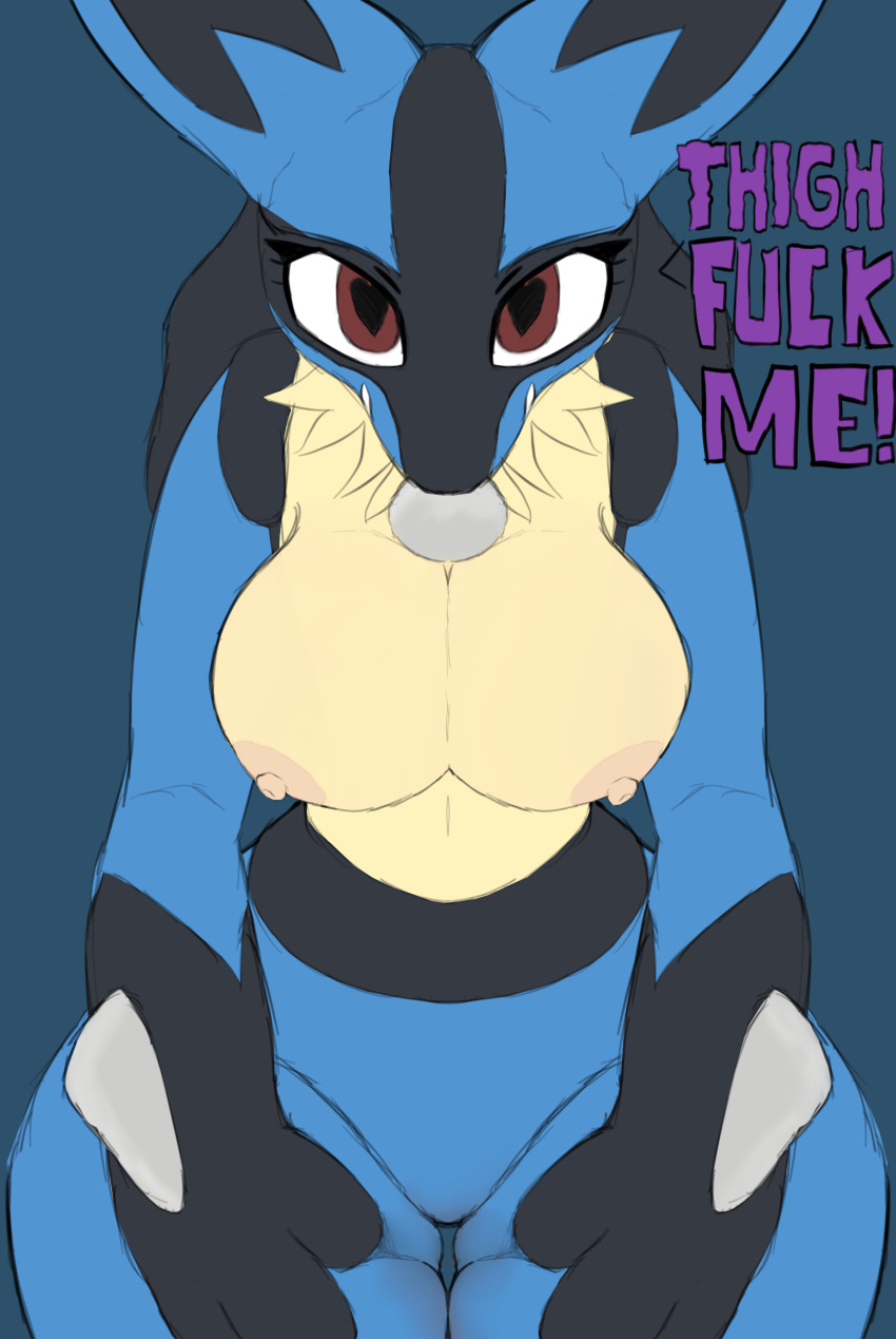 absurd_res anthro blue_body blue_fur breasts canid canine chest_tuft curvy_figure digital_media_(artwork) female fur generation_4_pokemon hi_res looking_at_viewer lucario mammal nintendo nipples nude pokemon pokemon_(species) simple_background smile solo squish swoomy thick_thighs thigh_squish tuft wide_hips