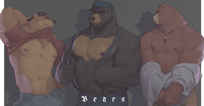 2020 anthro backwards_baseball_cap backwards_hat baseball_cap bear beard biceps black_bear black_body black_fur blue_bottomwear blue_clothing blue_hat blue_headwear blue_pants border bottomwear brown_bear brown_body brown_fur chest_markings chest_tuft claws clothing coffeedemise deltoids facial_hair finger_claws fur grey_background group hand_behind_back hand_behind_head hat headgear headwear hi_res jewelry khaki_pants looking_at_viewer male mammal markings moon_bear musclegut muscular muscular_anthro muscular_male navel necklace nipples one_eye_closed pants pecs pose pulling_suspenders red_clothing red_shirt red_topwear shirt shirtless simple_background suspenders tan_body tan_fur title topwear trio tuft undressing ursine white_border white_clothing white_shirt white_topwear wink