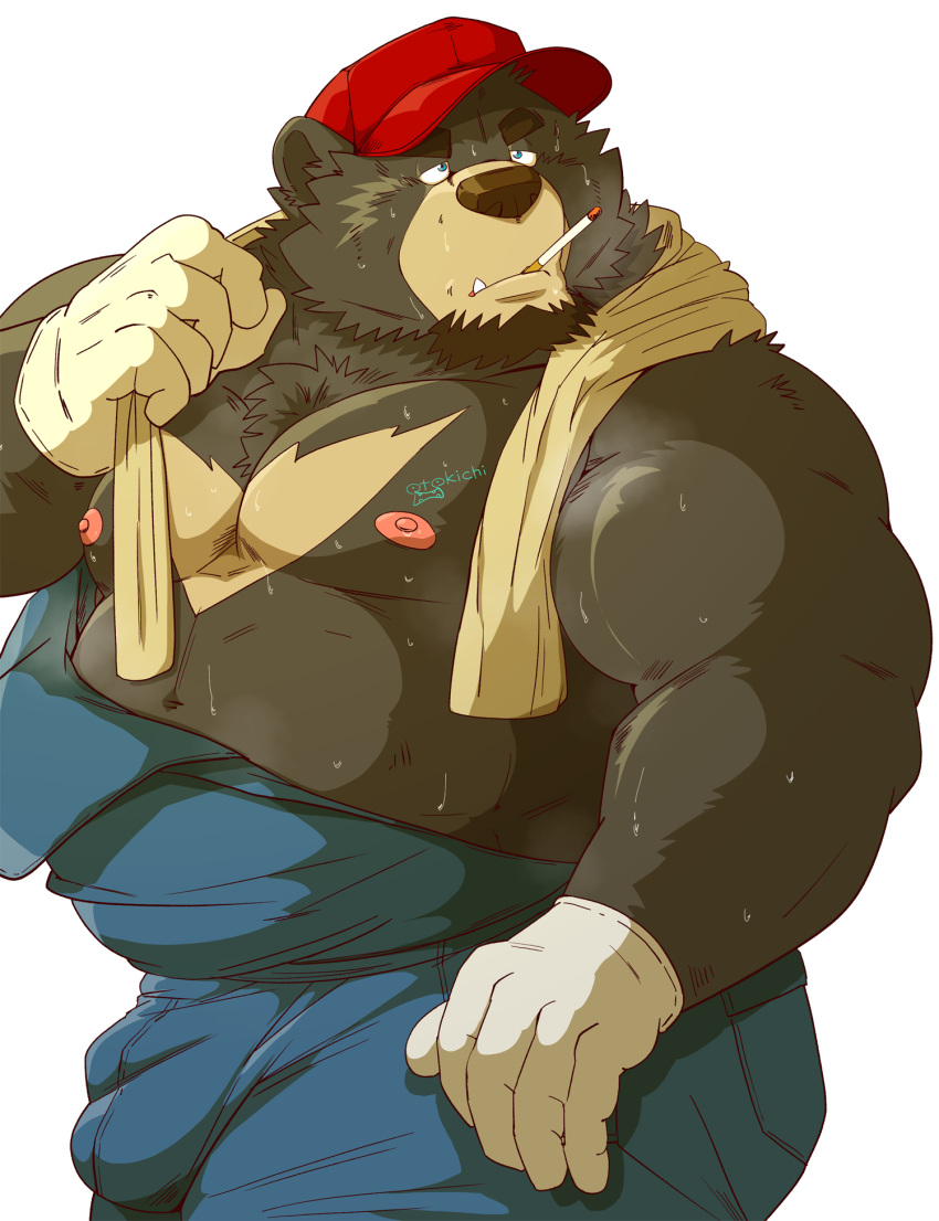 2023 anthro bear belly big_belly black_body bodily_fluids bulge clothing cute_fangs glvoes hat headgear headwear hi_res kemono male mammal mature_male moobs musk nipples overalls overweight overweight_male raichoclub smoking solo sweat