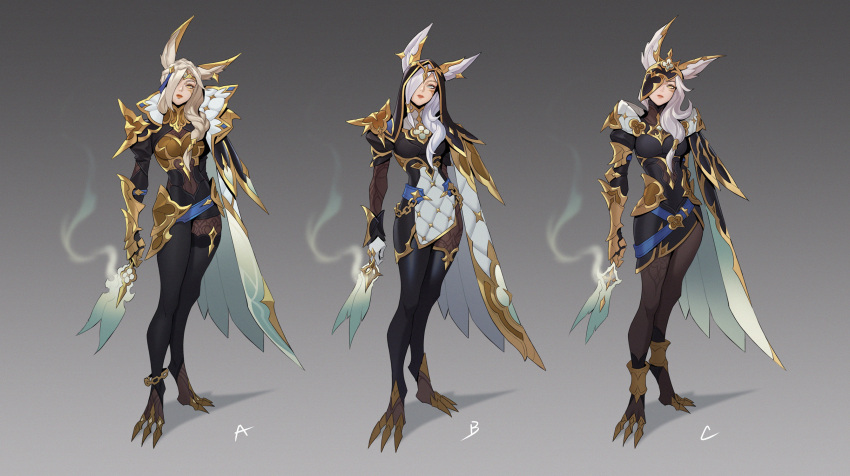 1girl animal_ears armor armored_gloves black_pantyhose breasts broken_covenant_xayah citemer closed_mouth concept_art feathers full_body green_eyes grey_background hair_over_one_eye highres holding holding_feather holding_weapon league_of_legends long_hair looking_at_viewer medium_breasts multiple_views pantyhose shoulder_armor simple_background solo standing weapon white_hair xayah yellow_eyes