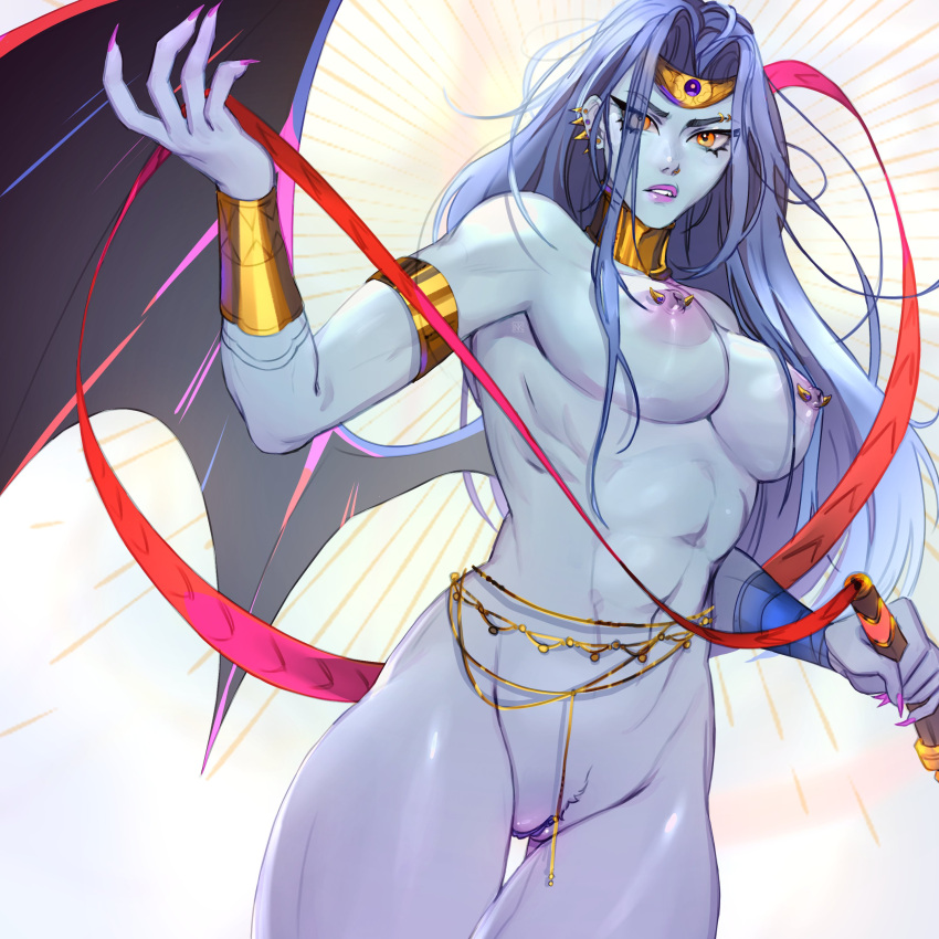 1girl abs absurdres armlet bat_wings belly_chain blue_skin breasts circlet clitoris_piercing colored_nipples colored_skin completely_nude ear_piercing eyebrow_piercing eyeliner fingernails forehead_jewel hades_(series) hades_1 hair_down highres holding holding_whip jewelry large_breasts long_hair makeup megaera_(hades) nauko navel nipple_bar nipple_piercing nude orange_eyes piercing pink_nails protected_link purple_hair purple_nipples pussy pussy_piercing sharp_fingernails single_wing solo spiked_ear_piercing thick_thighs thigh_gap thighs uncensored vambraces white_background wings