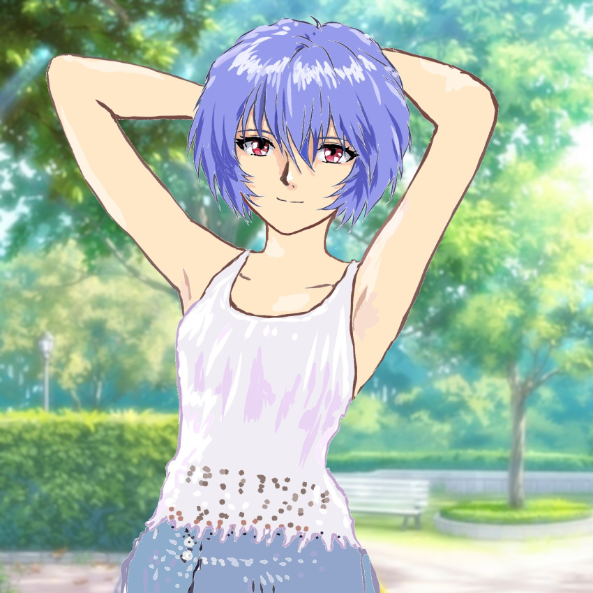 1girl arms_behind_head arms_up ayanami_rei bench blue_hair closed_mouth collarbone day hair_between_eyes hedge highres lamppost light_blue_hair looking_at_viewer mizumori_keiichi neon_genesis_evangelion outdoors red_eyes short_hair smile solo split_mouth tank_top tree white_tank_top