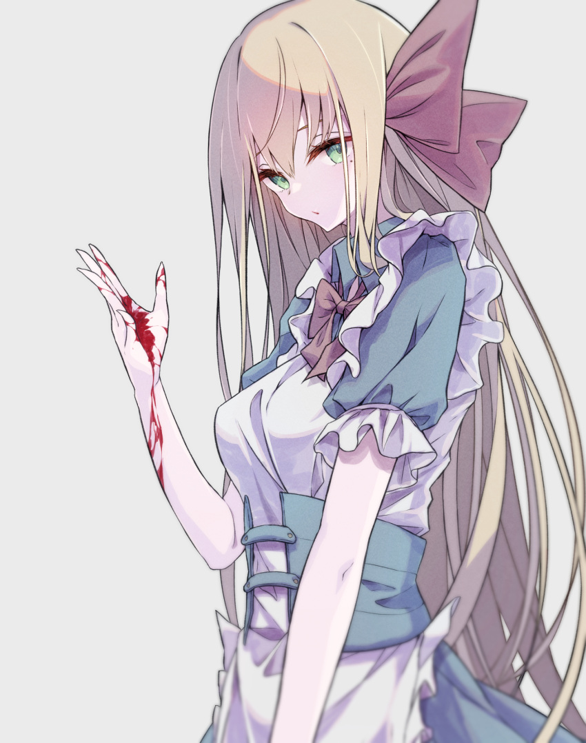 1girl apron blonde_hair blood blood_on_hands blue_dress blush breasts dress frilled_apron frills green_eyes hair_ornament highres large_breasts long_hair looking_at_viewer mole mole_under_eye mosu_(korikan) original red_ribbon ribbon simple_background solo white_apron