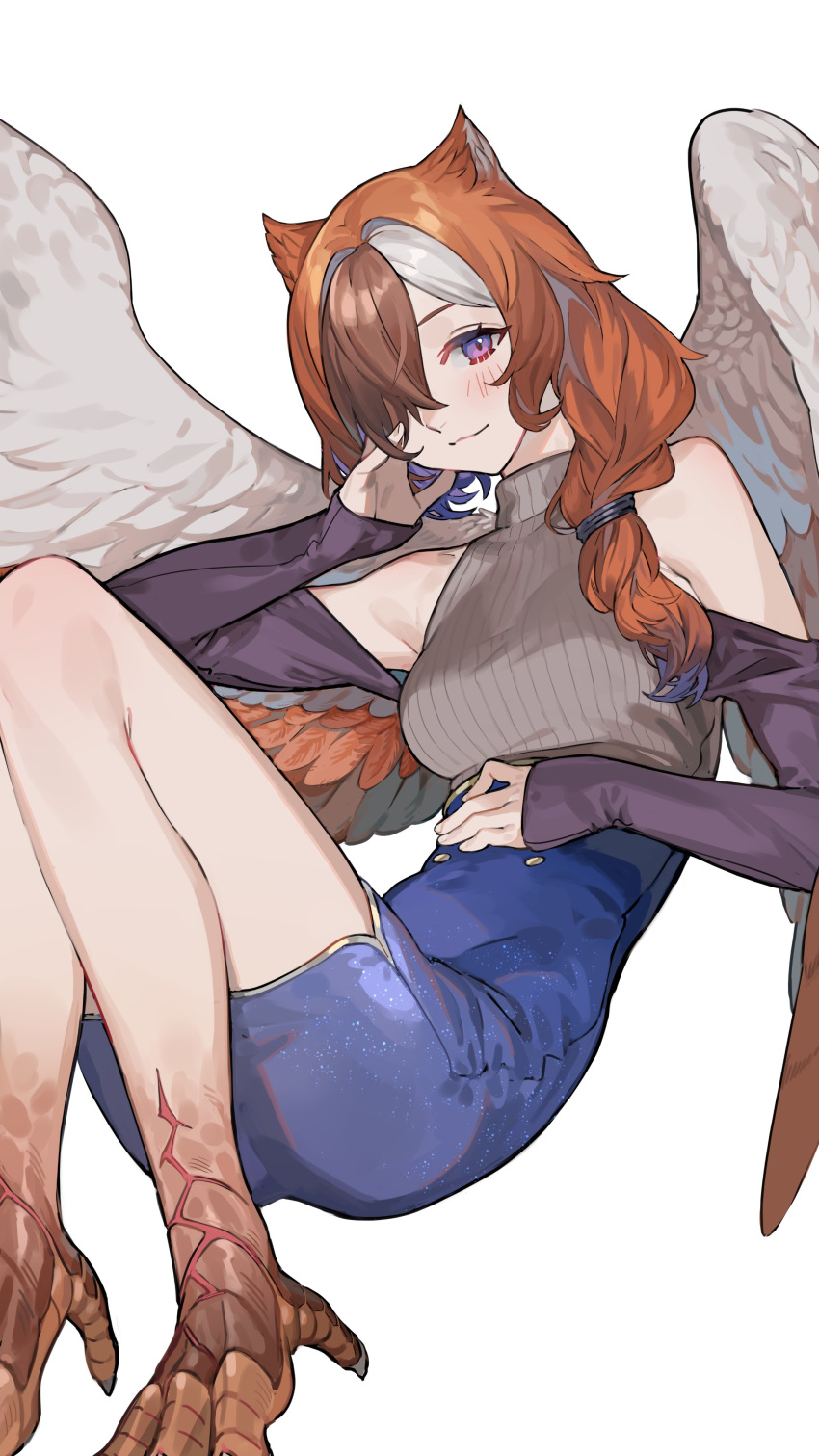 1girl absurdres animal_ears animal_feet bare_shoulders bird_legs bird_wings breasts brown_hair brown_wings claws closed_mouth colored_inner_hair commission estelle_(cieluscian) feathered_wings foot_out_of_frame grey_hair grey_sweater grey_wings hair_over_one_eye hair_over_shoulder hand_on_own_cheek hand_on_own_face hand_up harpy high-waist_skirt highres knees_up light_blush long_hair long_sleeves looking_at_viewer low-tied_long_hair medium_breasts monster_girl multicolored_hair nao_(syn_eaa) one_eye_covered original owl_girl purple_eyes purple_hair purple_skirt second-party_source simple_background sitting skirt sleeveless sleeves_past_wrists smile solo streaked_hair sweater turtleneck turtleneck_sweater white_background wings