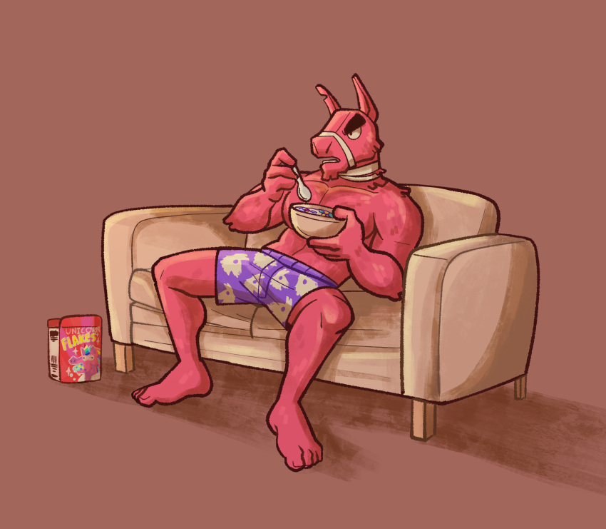 absurd_res anthro bandage boxers_(clothing) camelid cereal cereal_box clothing cutlery eating eating_food epic_games fabio_sparklemane food fortnite fur furniture hi_res jockpossum kitchen_utensils llama looking_away lt._john_llama male mammal on_sofa open_mouth pinata pink_body pink_fur resting resting_arm sitting sitting_on_sofa sofa solo spoon spread_legs spreading tools underwear wool_(fur)