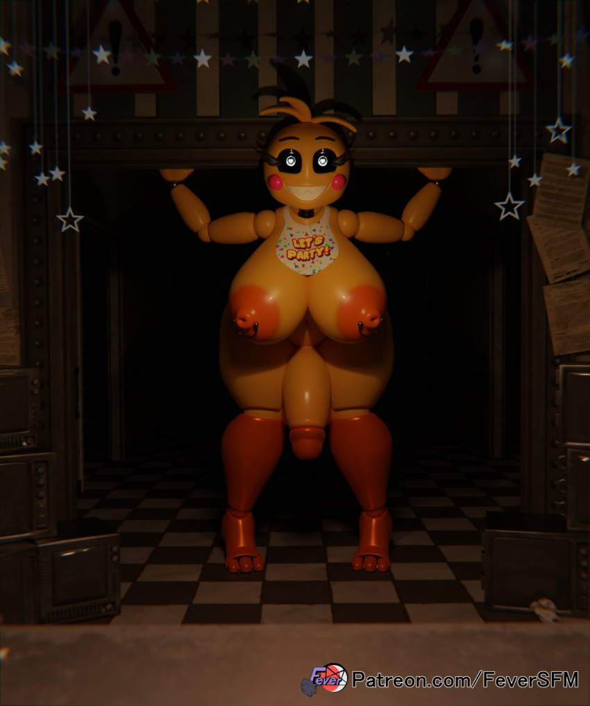 2023 3_toes 3d_(artwork) animatronic anthro areola avian beakless bib big_breasts big_penis bird blush blush_stickers breasts checkered_floor chicken digital_media_(artwork) eyebrows eyelashes feet feversfm five_nights_at_freddy's five_nights_at_freddy's_2 galliform gallus_(genus) genitals gynomorph hi_res humanoid_genitalia humanoid_penis intersex lovetaste_chica machine nipples orange_areola orange_body orange_nipples penis phasianid robot scottgames solo toes toy_chica_(fnaf)