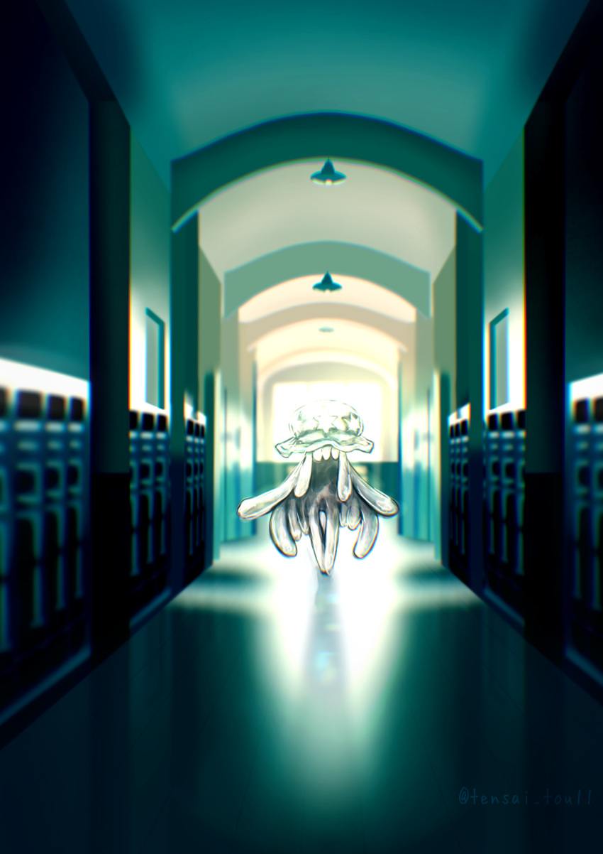 artist_name backlighting chromatic_aberration commentary_request day facing_viewer full_body hallway highres horror_(theme) indoors locker nihilego no_humans pokemon pokemon_(creature) school signature solo standing star_(symbol) straight-on tensaitou_tou tentacles twitter_username
